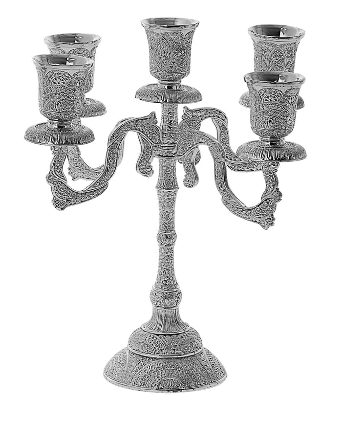 Silver plated five-branch candelabra with filigree-textured cups, curved arms and round base