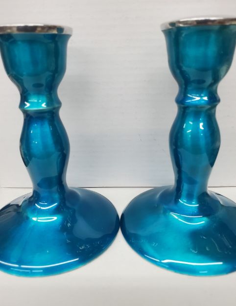 Candle Stick Teal Metal Candlesticks — alternate view | Judaica Square Lakewood
