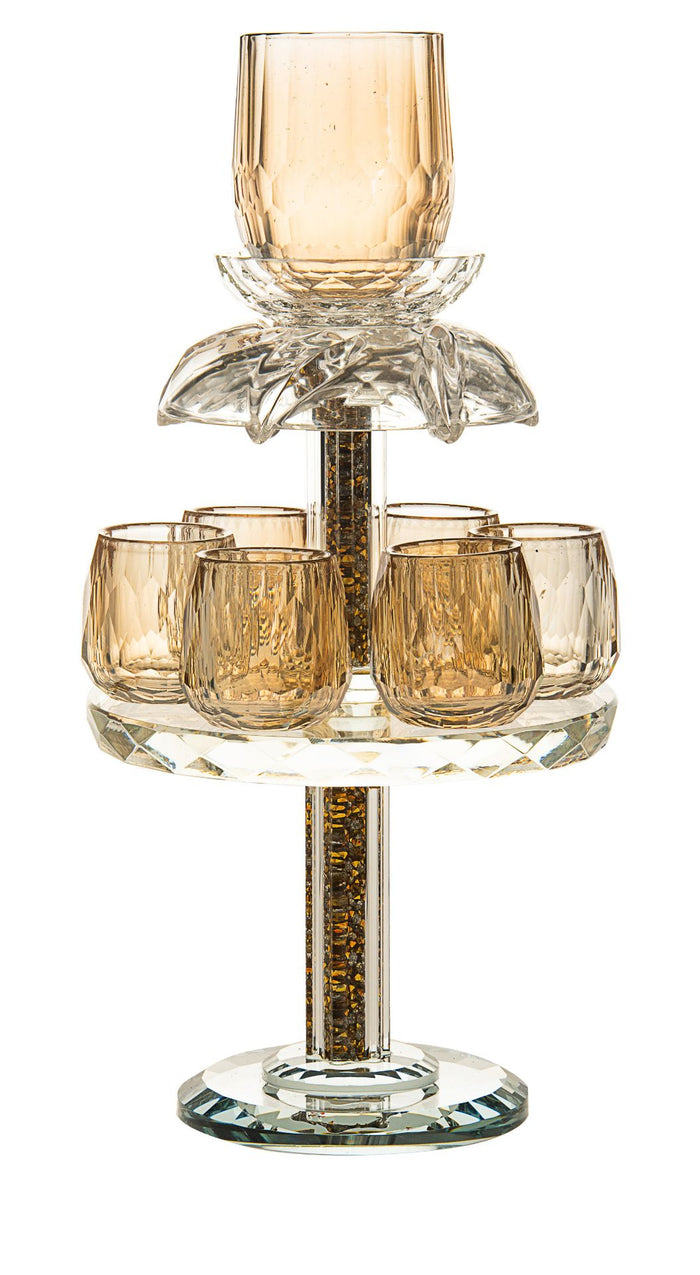 Crystal Kiddush fountain with gold crushed-stone stem, top cup and six gold-tinted small cups