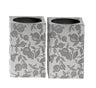 Pair of square tealight candlesticks covered in a grey pomegranate and leaf pattern