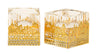 Two square crystal candle holders decorated with a gold Jerusalem skyline and stone wall pattern