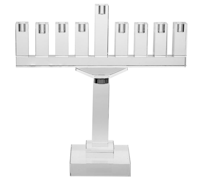 Clear crystal pedestal menorah with a row of square candle cups and raised center shamash