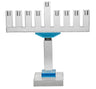 Tall clear crystal menorah with blue accent panels running up the central stem