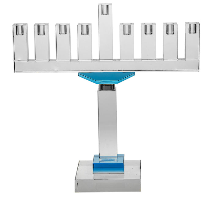 Tall clear crystal pedestal menorah with raised center shamash and light blue collar and base