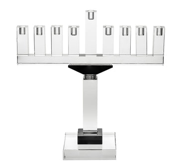 Clear crystal menorah with black accent sections contrasting against the stem