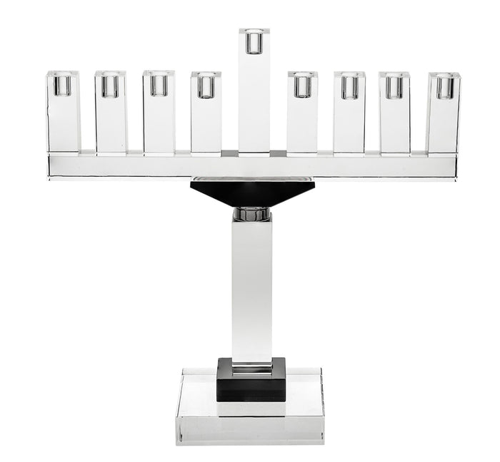 Clear crystal menorah with black accent sections contrasting against the stem