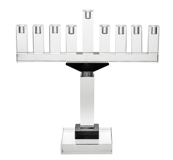 Clear crystal menorah with square cups, raised shamash and black accents on column and base