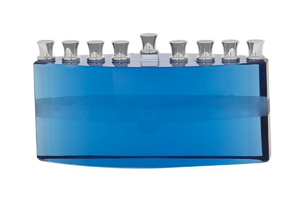 Crystal Menorah Blue Ice — alternate view | Judaica Square Lakewood