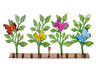 Metal menorah with red, yellow, pink and blue butterflies on green leaf stems above a copper-tone base