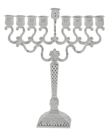 Silver plated menorah with scrolled arms, ornate cups and a diamond-textured square column