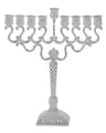 Silver plated menorah with scrolled arms, ornate cups and a diamond-textured square column