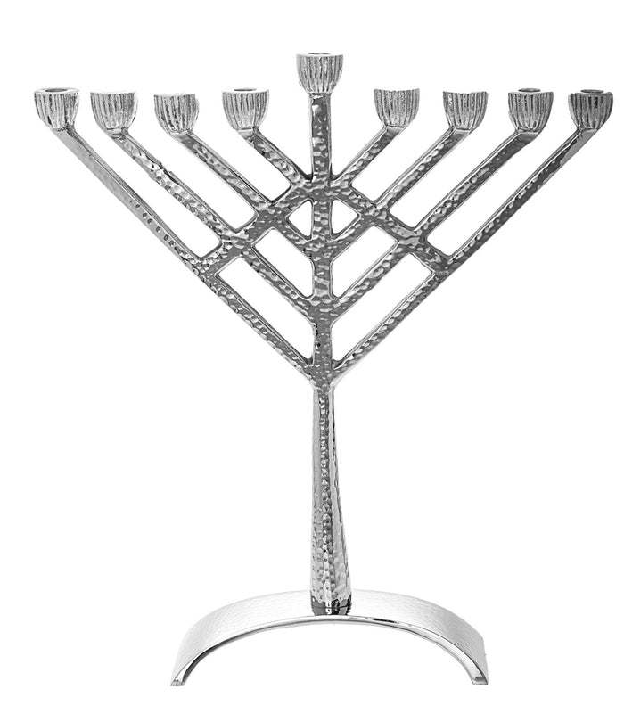 Hammered stainless steel Chabad Rambam menorah with straight diagonal arms and an arched base