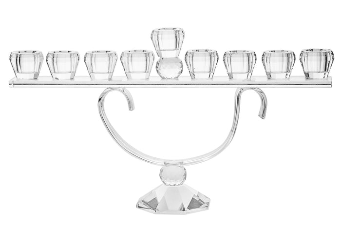 Crystal Chanukah menorah with candle holders set in a long low row