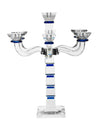 Crystal candelabra with blue-banded stacked column and blue-ringed candle cups on curved arms