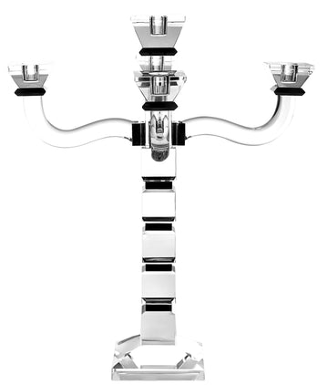 Crystal candelabra with five curved arms and black accents on the central column