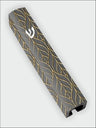 Narrow grey metal mezuzah case with a plain smooth front and no ornament