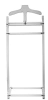 Clear Lucite valet stand with hanger-shaped top and horizontal crossbars on a rectangular frame