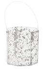 Clear lucite ice bucket shot through with silver flakes, wider than it is tall