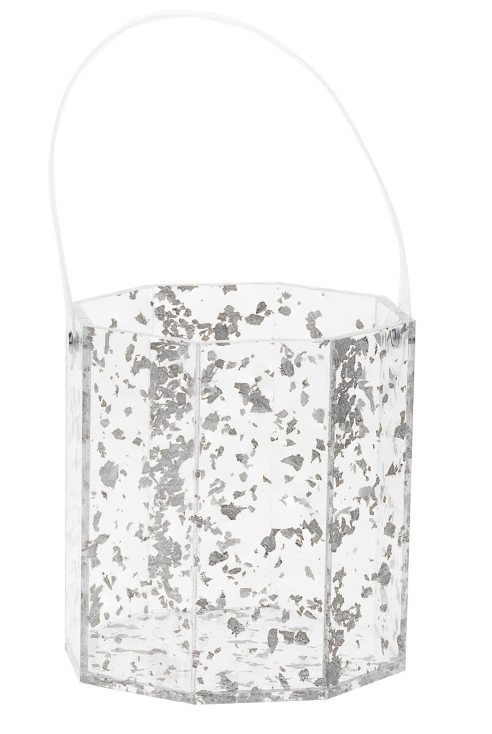 Octagonal clear Lucite ice bucket flecked with silver flakes, clear arched handle