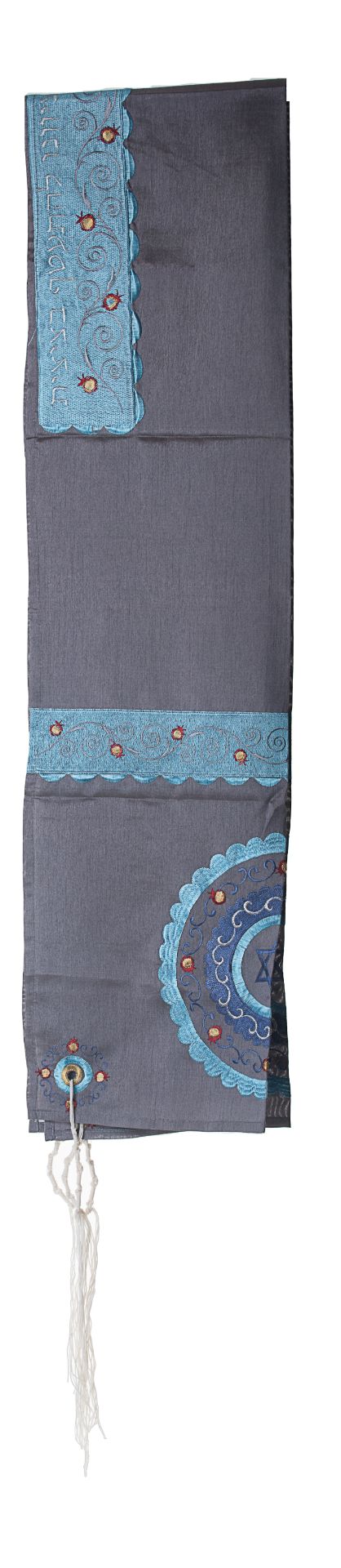 Folded grey tallit with turquoise embroidered bands, circle motif and fringe