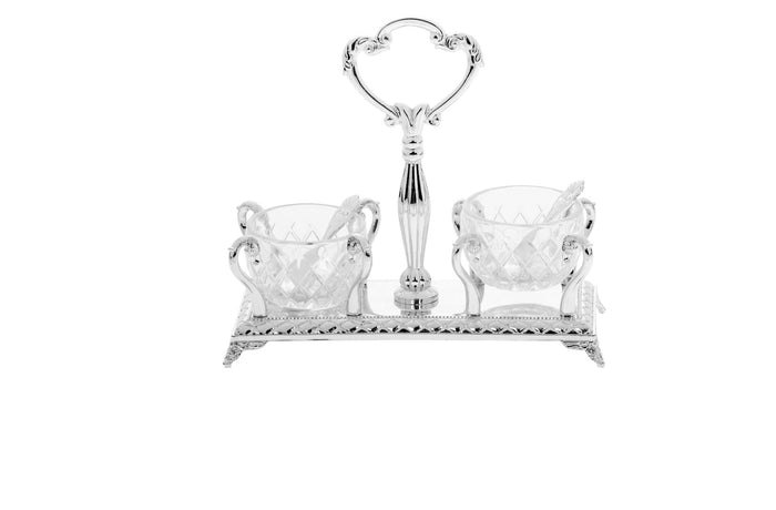 Silver plated stand with center loop handle holding two cut crystal bowls with spoons