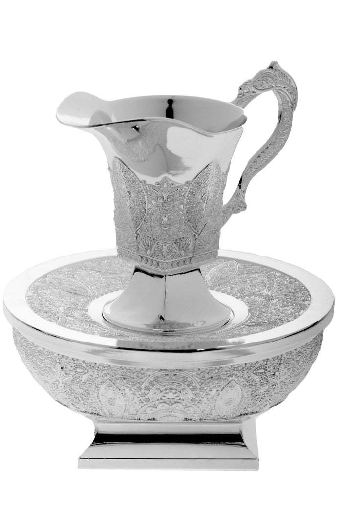 Silver plated filigree Mayim Achronim pitcher with scrolled handle on a round footed basin