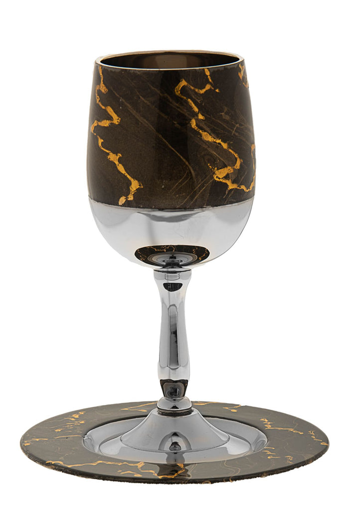 Stemmed kiddush cup in brown and gold enamel resting on its matching round tray