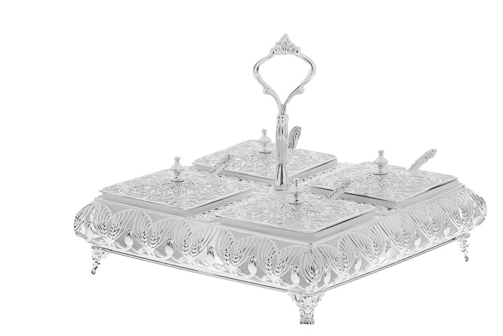 4-Section Serving Dish — Silver Plated with Glass Inserts