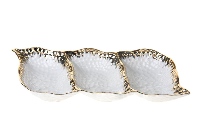 White porcelain three-section leaf tray with dimpled texture and gold-edged rims