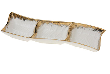 Long white porcelain tray split into three compartments with a gold rimmed edge