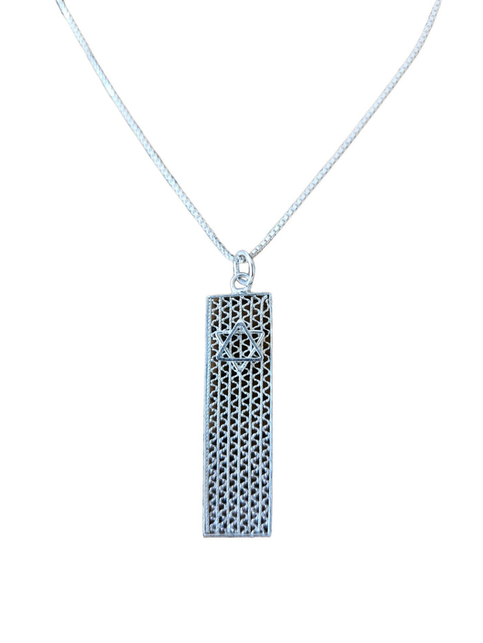 Filigree mesh mezuzah pendant with a Star of David hanging from a fine silver chain