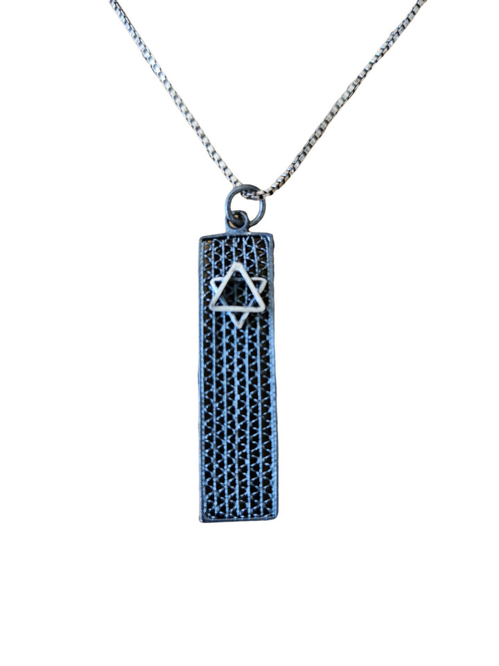 Dark filigree mesh mezuzah pendant with a bright polished Star of David on a box chain