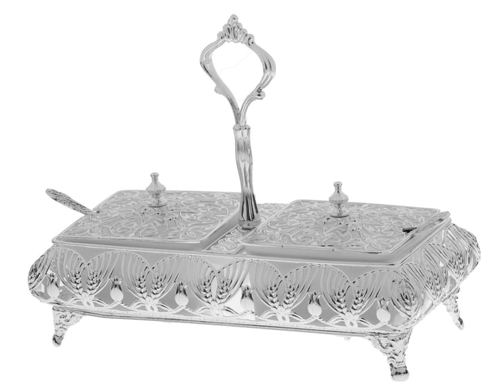 Two-Section Serving Dish — Silver-Plated with Cover and Spoon