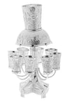 Silver plated wine fountain with a large upper cup feeding eight small cups below