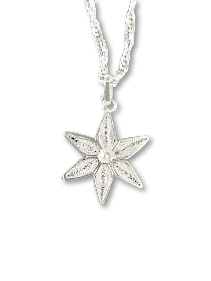 Sterling silver flora filigree Star of David pendant on a fine Singapore chain