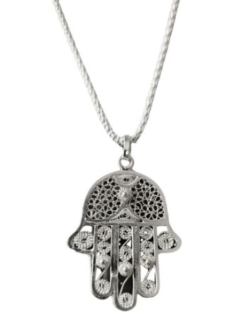 S475 Handcrafted Sterling Silver Large Filigrana Hamsa on 24 inch Chain