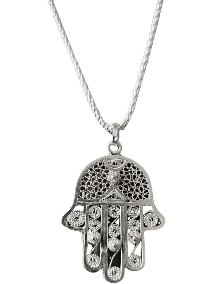 Handcrafted Sterling Silver Large Filigrana Hamsa on 24 inch Chain