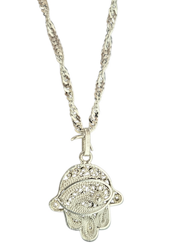 Sterling silver filigree hamsa with an eye design across the palm on a twisted Singapore chain