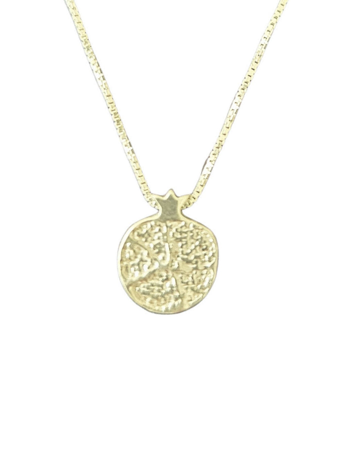 Textured round pomegranate charm with small crown on a box chain, photo appears gold-toned
