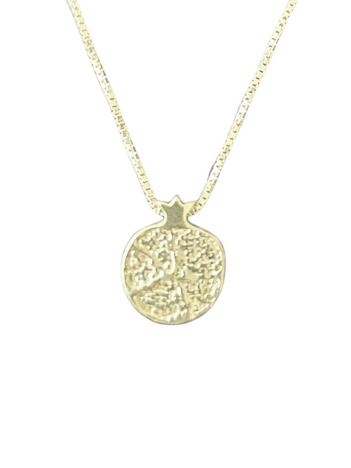 Textured round pomegranate charm with small crown on a box chain, photo appears gold-toned