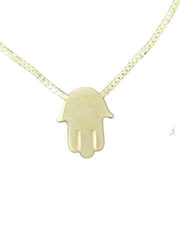 Small smooth Hamsa slide pendant on a box chain, photo appears gold-toned