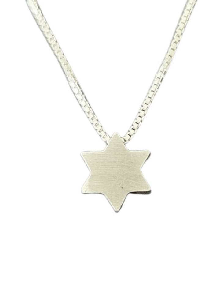 Tiny brushed sterling silver Star of David slide on a box chain, white background