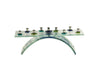 Chanukah menorah in blue and green glass with candle holders along a low bar