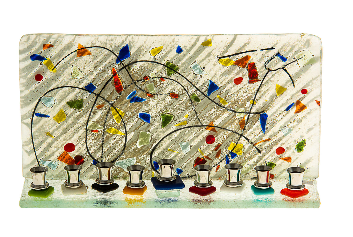 Multicolor glass Chanukah menorah built to hang flat against a wall