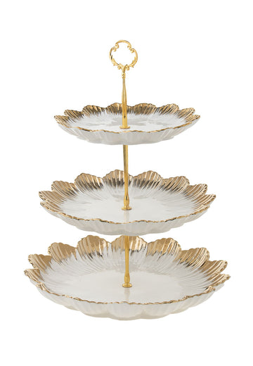Three tier white porcelain stand with gold rimmed plates graduating in size