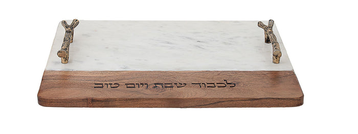 Rectangular challah board with a marble center panel framed in wood