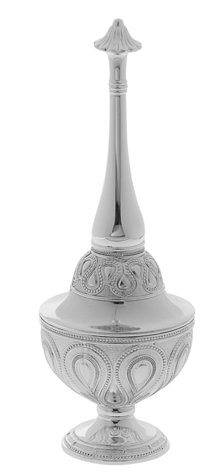 Silver plated tower spice box with tall spire, embossed teardrop band and footed base