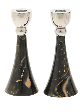 Two flared candlesticks in dark brown enamel with gold marbling and polished silver-tone cups