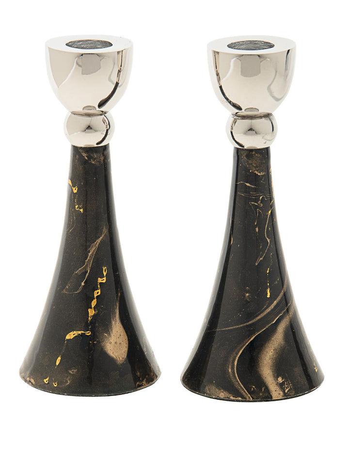 Two flared candlesticks in dark brown enamel with gold marbling and polished silver-tone cups
