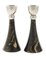 Two flared candlesticks in dark brown enamel with gold marbling and polished silver-tone cups
